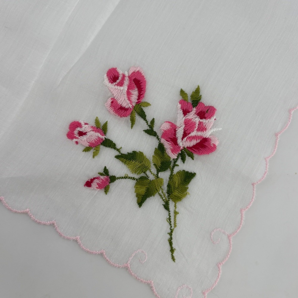 Embroidered Handkerchief White Pink Roses Scalloped Edge Vintage Linen Blend